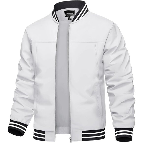 Men's White Bomber Lightweight Casual Spring Fall Windbreaker Zip Up Jacket - Picture 1 of 8
